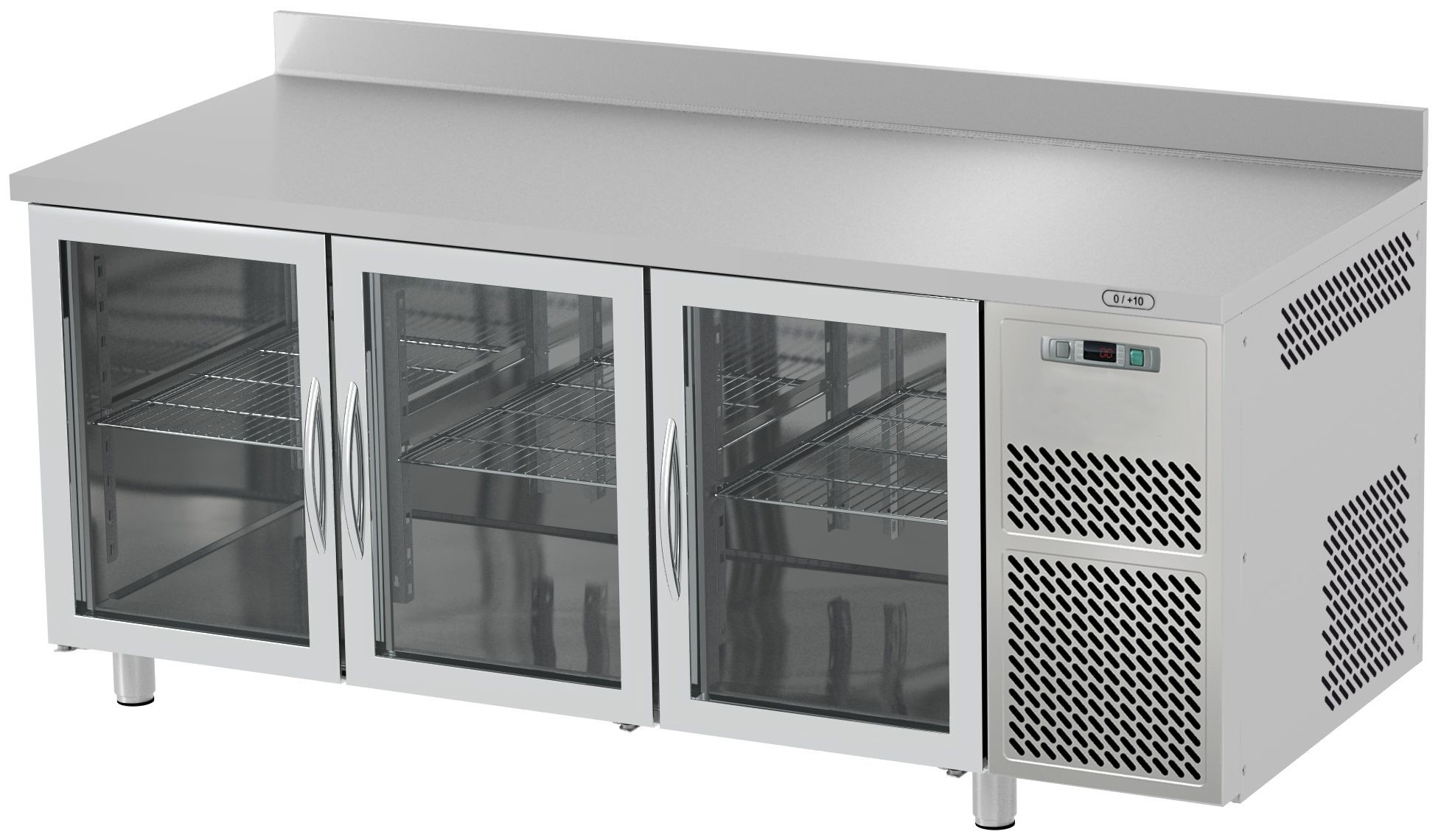 Mesa refrigerada prof. 600 mm, 3 puertas de cristal, peto, 0°C/+10°C encimera de acero inoxidable