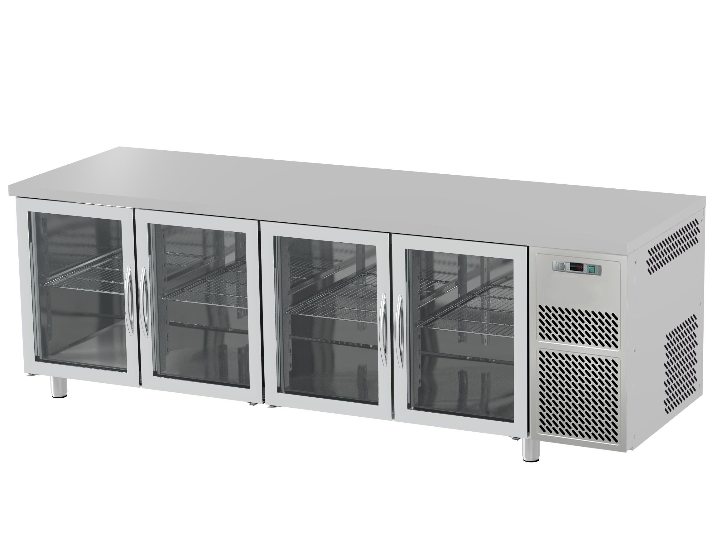 Mesa refrigerada prof. 600 mm, 4 puertas de cristal, 0°C/+10°C encimera de acero inoxidable