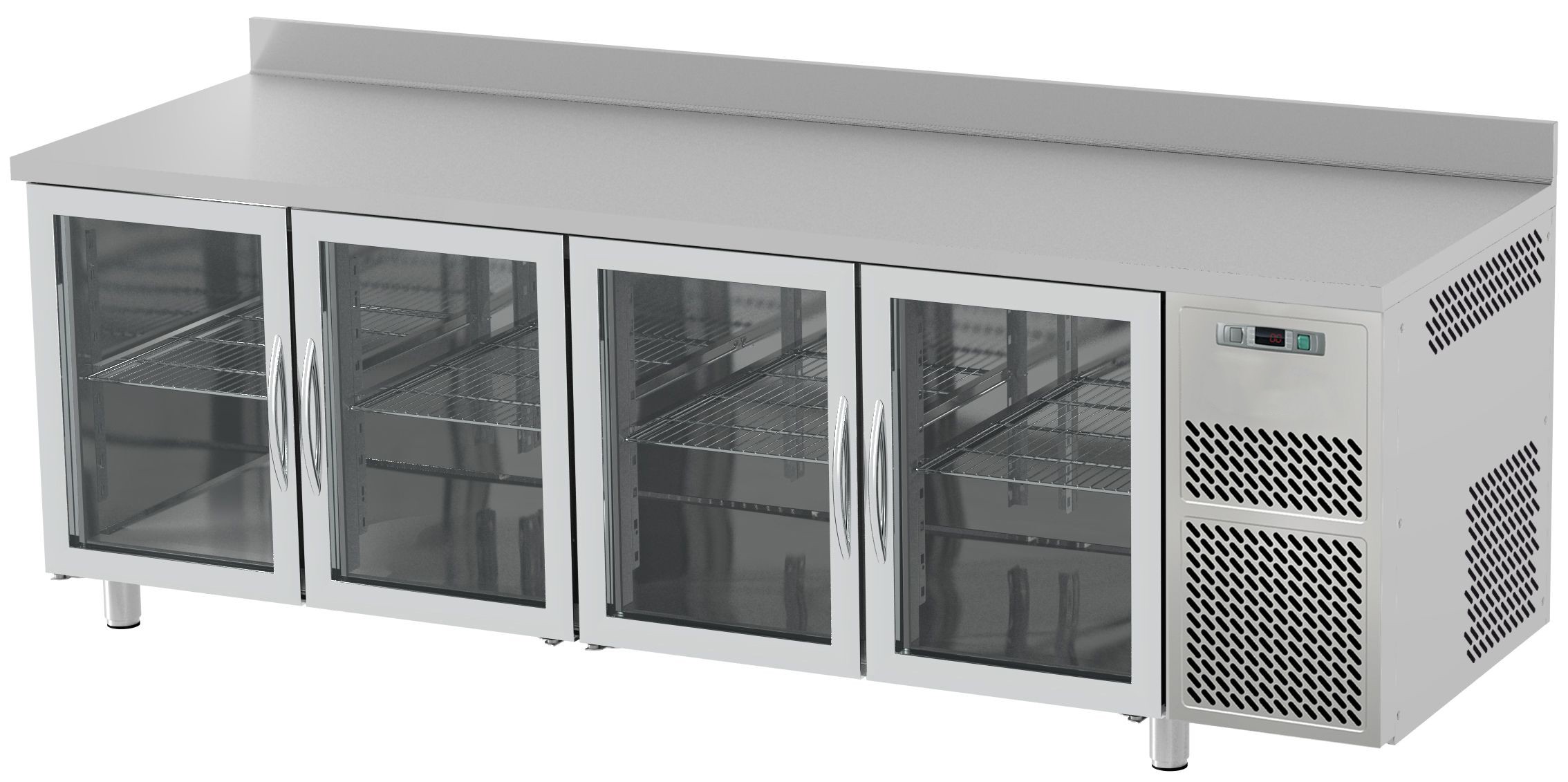 Mesa refrigerada prof. 600 mm, 4 puertas de cristal, peto, 0°C/+10°C encimera de acero inoxidable