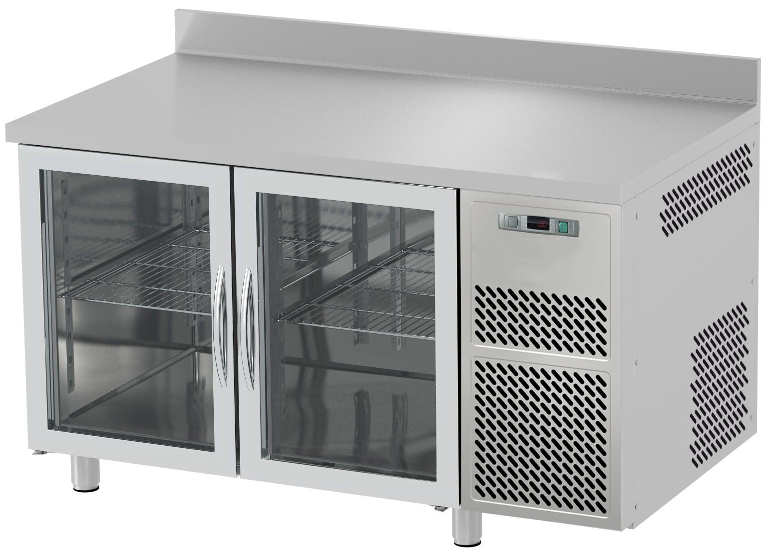 Mesa refrigerada prof. 700 mm, 2 puertas de cristal, peto, 0°C/+10°C encimera de acero inoxidable