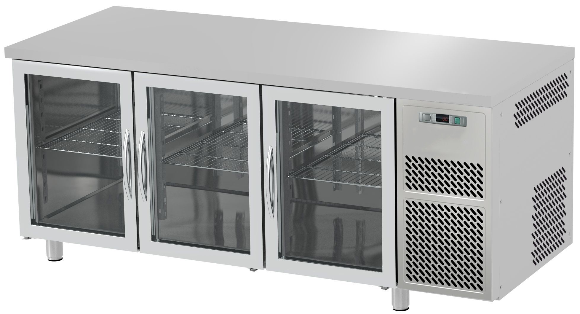 Mesa refrigerada prof. 700 mm, 3 puertas de cristal, 0°C/+10°C encimera de acero inoxidable