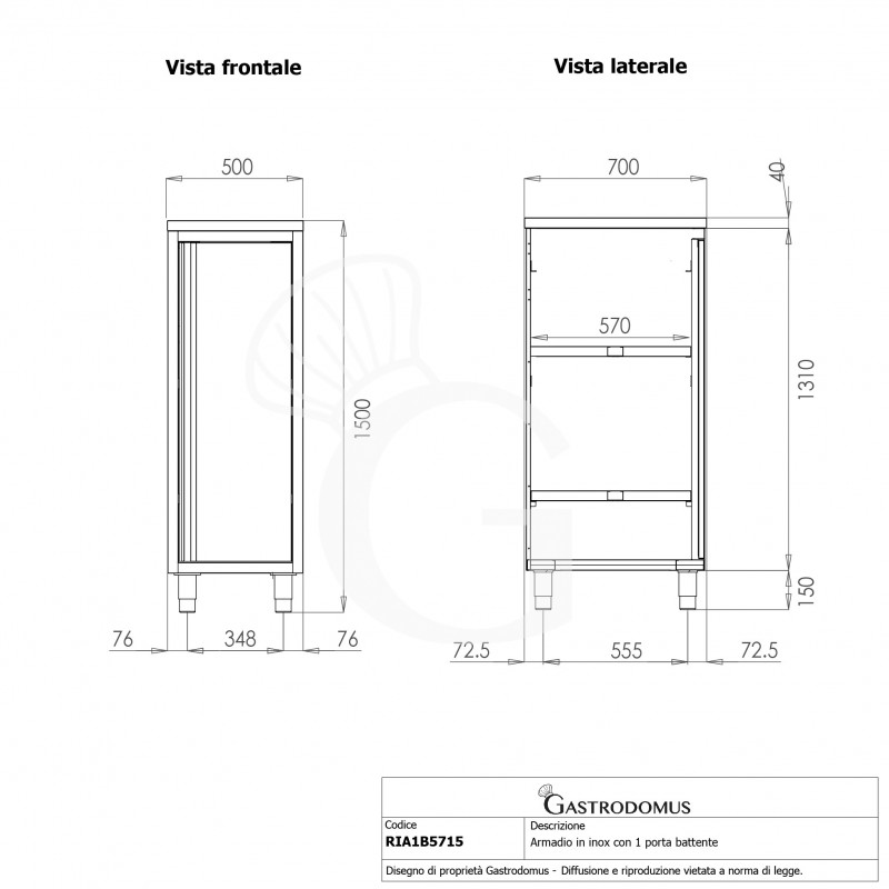 Armario de acero inoxidable con 1 puerta batiente, 2 estantes, L 500 x P 700 x A 1500 mm