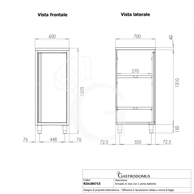 Armario de acero inoxidable con 1 puerta batiente, 2 estantes, L 600 mm x P 700 mm x A 1500 mm
