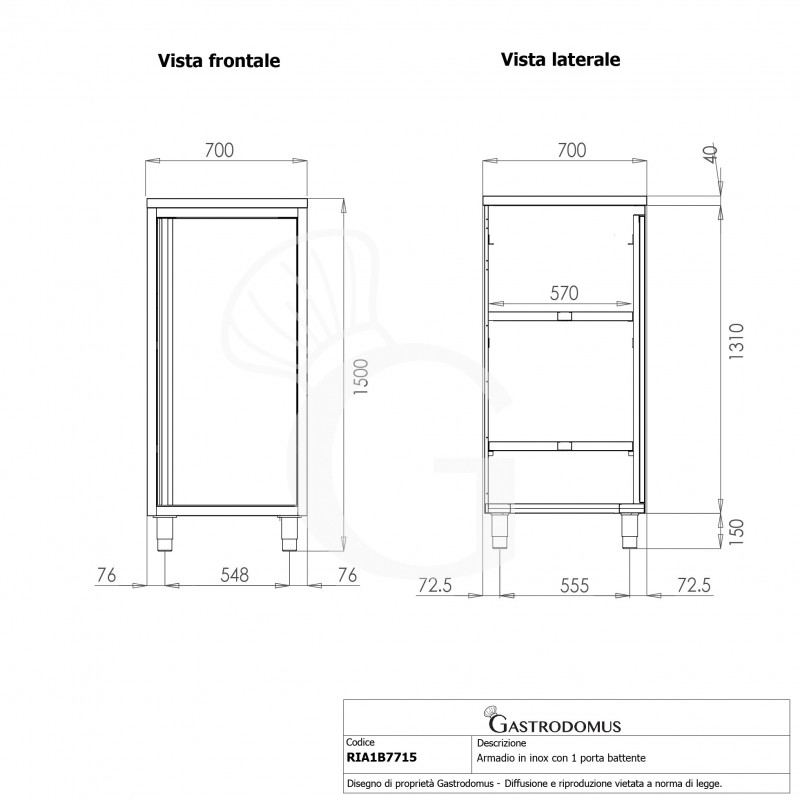 Armario de acero inoxidable con 1 puerta batiente, 2 estantes, L 700 x P 700 x A 1500 mm