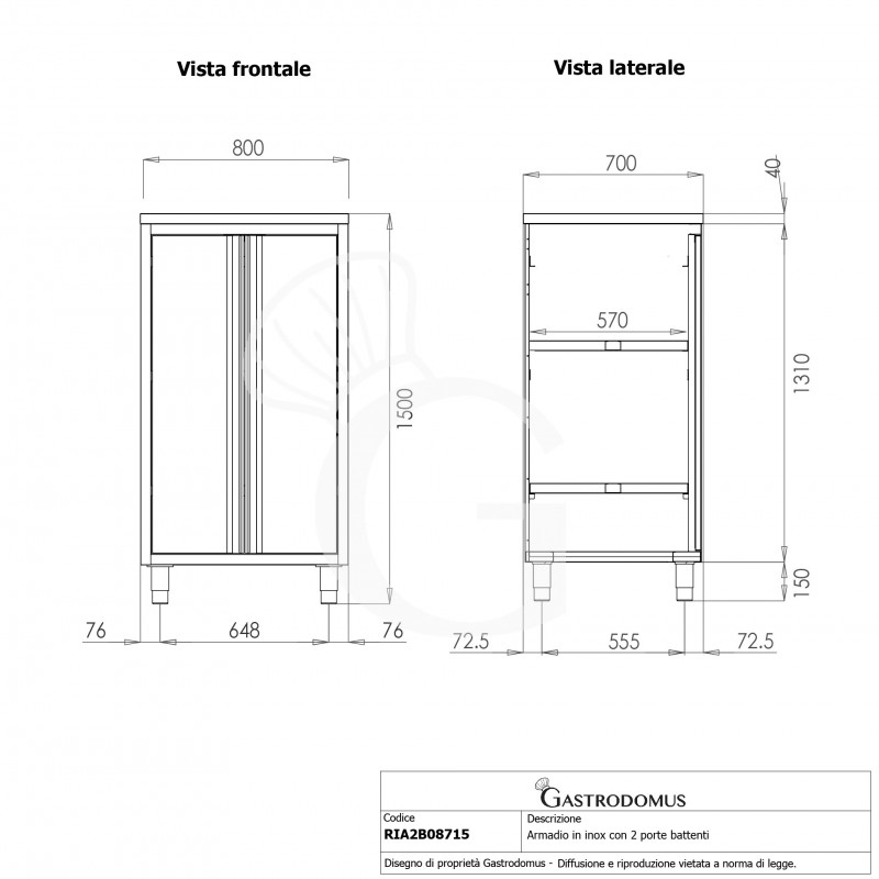 Armario de acero inoxidable con 2 puertas batientes, 2 estantes, L 800 mm x P 700 mm x A 1500 mm