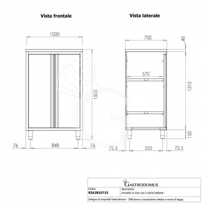 Armario de acero inoxidable con 2 puertas batientes, 2 estantes, L 1000 x P 700 x A 1500 mm