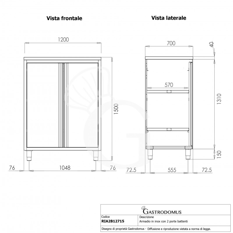 Armario de acero inoxidable con 2 puertas batientes, 2 estantes, L 1200 mm x P 700 mm x A 1500 mm