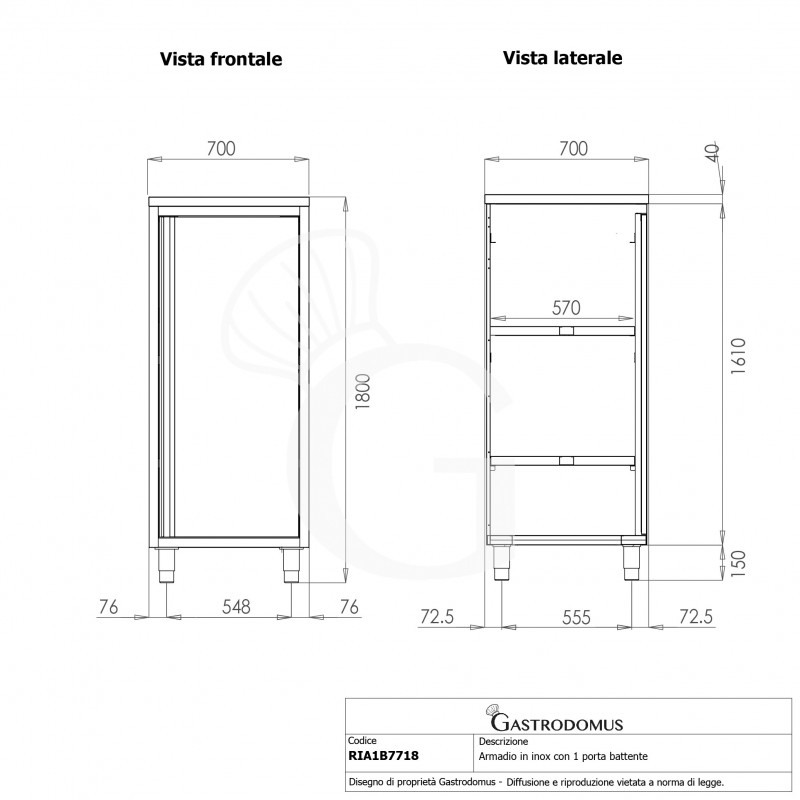 Armario de acero inoxidable con 1 puerta batiente, 3 estantes, L 700 x P 700 x A 1800 mm