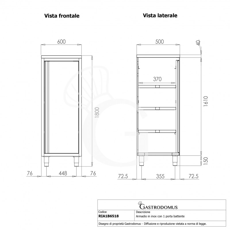 Armario de acero inoxidable con 1 puerta batiente, 3 estantes, L 600 x P 500 x A 1800 mm