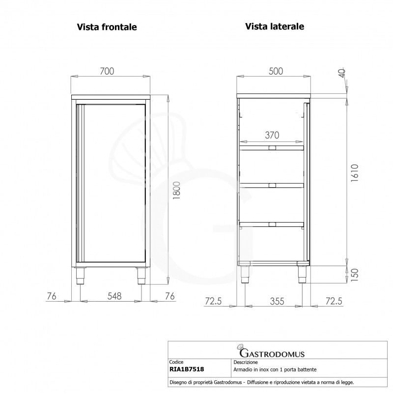 Armario de acero inoxidable con 1 puerta batiente, 3 estantes, L 700 x P 500 x A 1800 mm