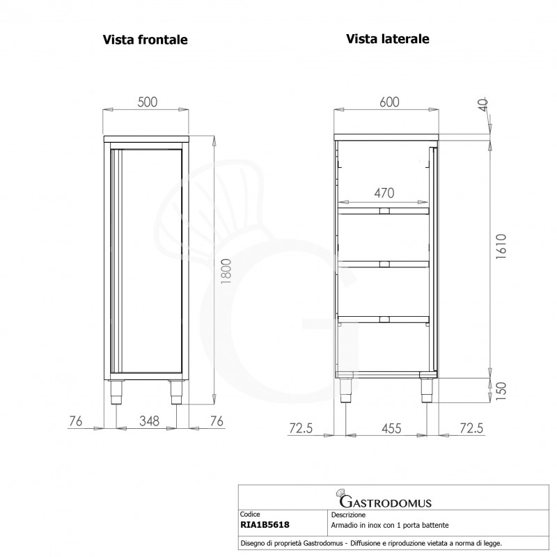 Armario de acero inoxidable con 1 puerta batiente, 3 estantes, L 500 mm x P 600 mm x A 1800 mm