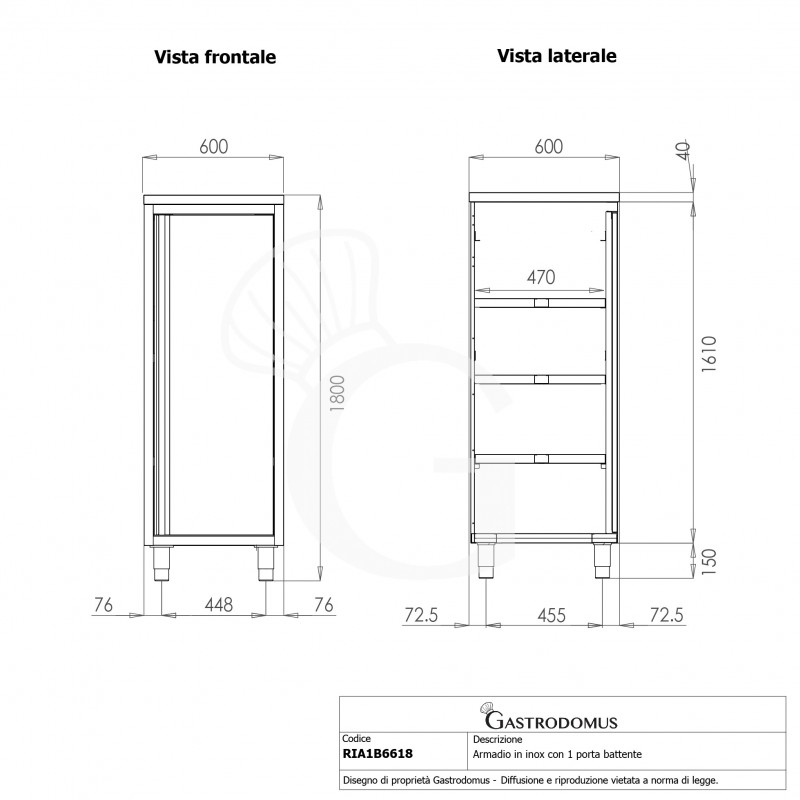 Armario de acero inoxidable con 1 puerta batiente, 3 estantes, L 600 mm x P 600 mm x A 1800 mm