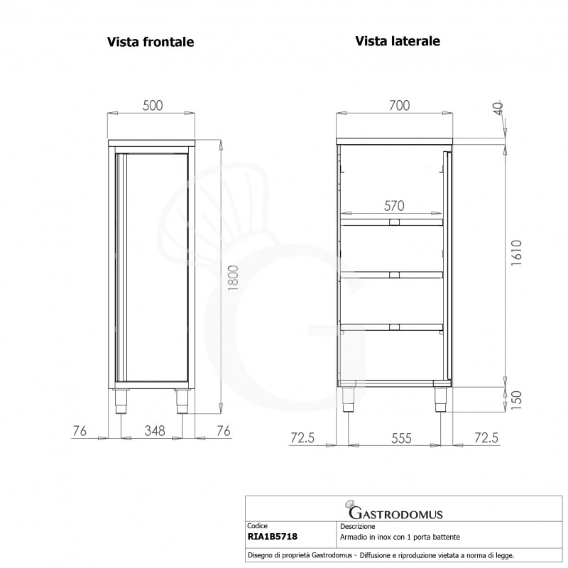 Armario de acero inoxidable con 1 puerta batiente, 3 estantes, L 500 mm x P 700 mm x A 1800 mm
