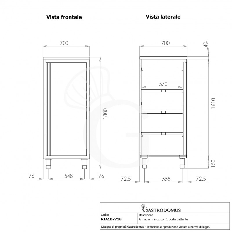 Armario de acero inoxidable con 1 puerta batiente, 3 estantes, L 600 x P 700 x A 1800 mm