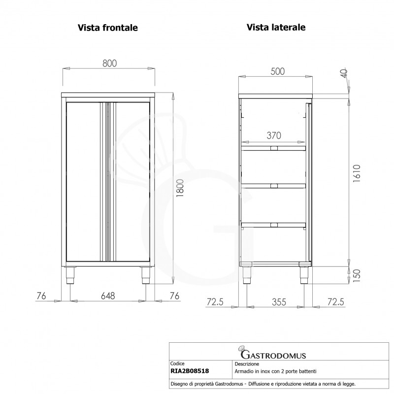 Armario de acero inoxidable con 2 puertas batientes, 3 estantes, L 800 mm x P 500 mm x A 1800 mm
