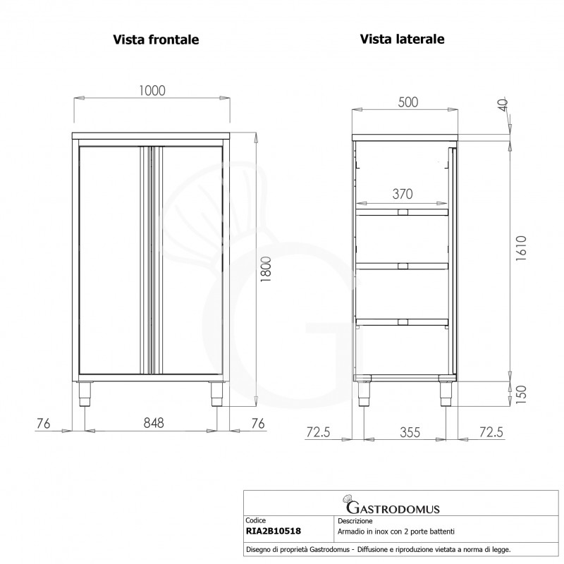 Armario de acero inoxidable con 2 puertas batientes, 3 estantes, L 1000 mm x P 500 mm x A 1800 mm
