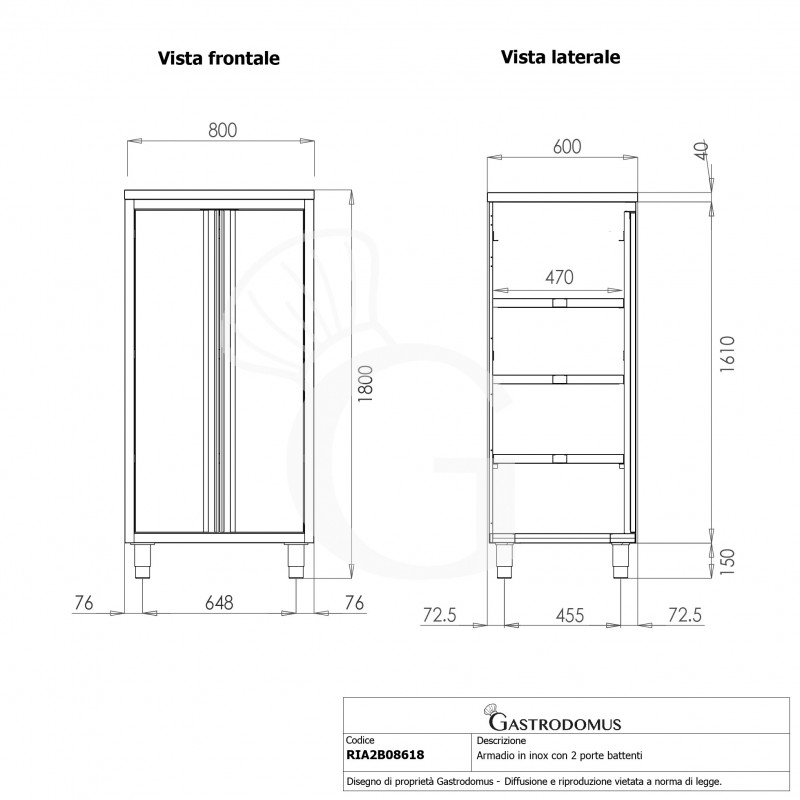 Armario de acero inoxidable con 2 puertas batientes, 3 estantes, L 800 mm x P 600 mm x A 1800 mm