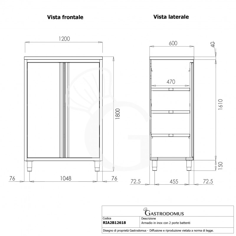 Armario de acero inoxidable con 2 puertas batientes, 3 estantes, L 1200 mm x P 600 mm x A 1800 mm