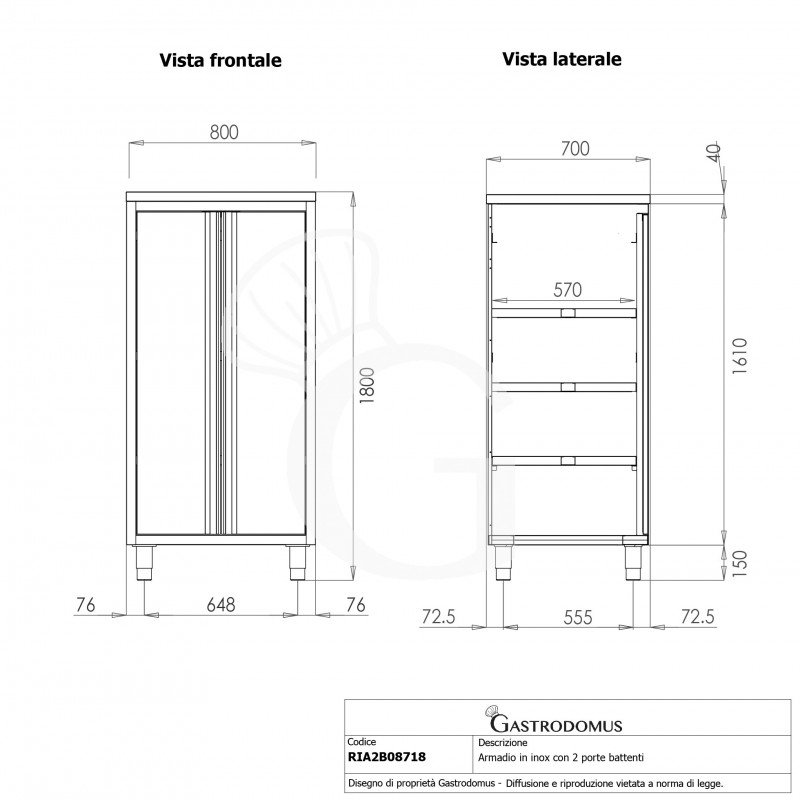Armario de acero inoxidable con 2 puertas batientes, 3 estantes, L 800 x P 700 x A 1800 mm
