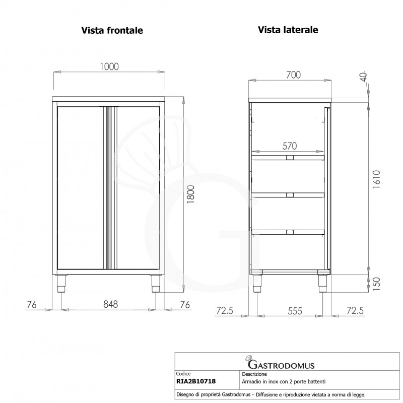 Armario de acero inoxidable con 2 puertas batientes, 3 estantes, L 1000 x P 700 x A 1800 mm