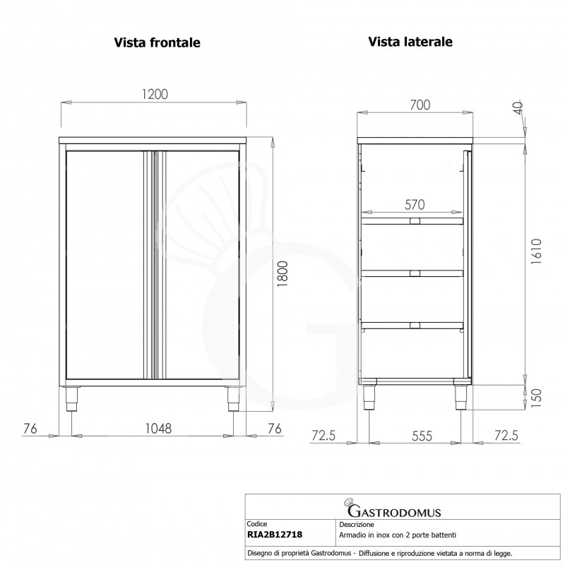 Armario de acero inoxidable con 2 puertas batientes, 3 estantes, L 1200 mm x P 700 mm x A 1800 mm