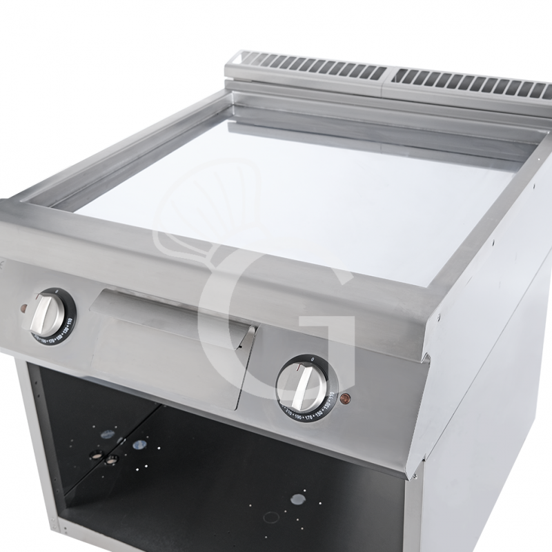 Fry top eléctrico sobre mueble abierto, placa lisa cromada 21000 W Trifásico P 900 mm