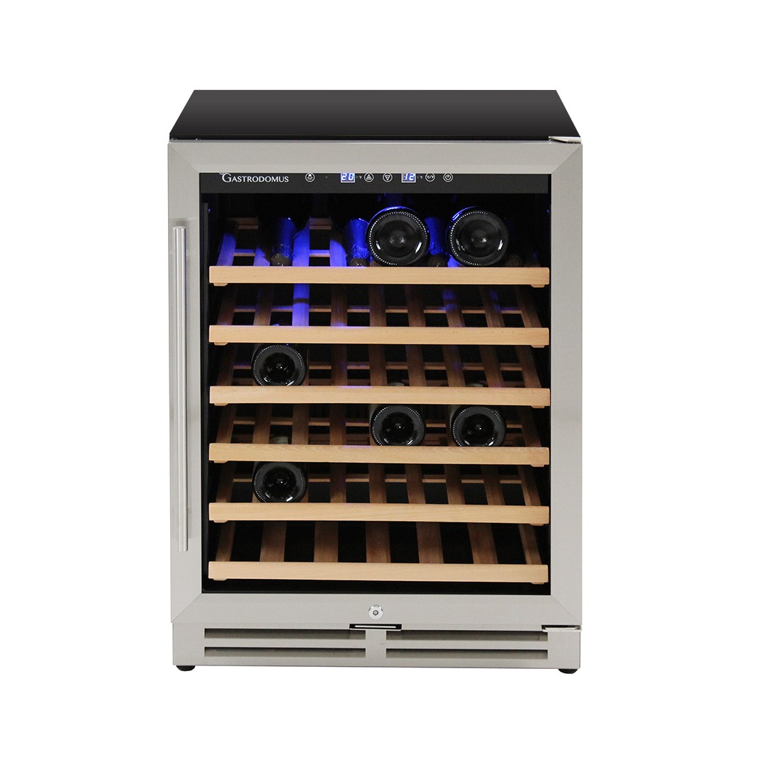 Vinoteca ventilada con puerta de acero inoxidable, 150 litros, 6 estantes, capacidad para 46 botellas, +5 °C / +22 °C
