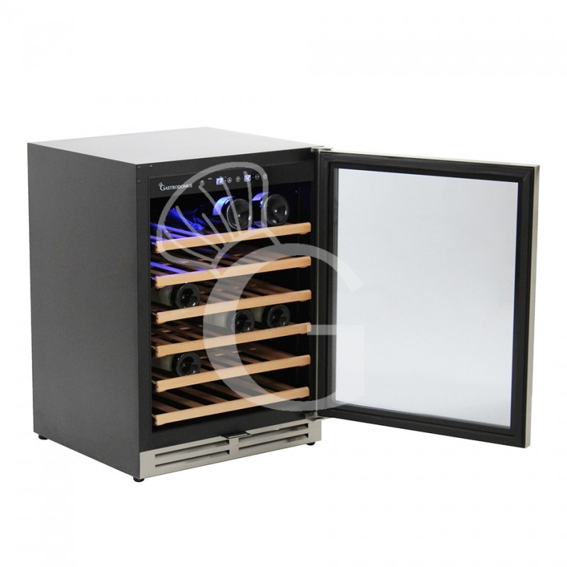 Vinoteca ventilada con puerta de acero inoxidable, 150 litros, 6 estantes, capacidad para 46 botellas, +5 °C / +22 °C