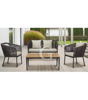 Set de bar para exterior: mesa, 2 sillones y sofá de aluminio pintado con cojines