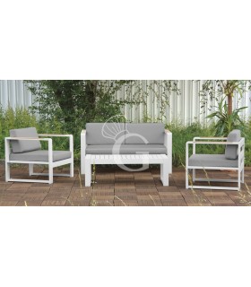 Set de bar para exterior: mesa, 2 sillones y sofá de aluminio pintado con cojines
