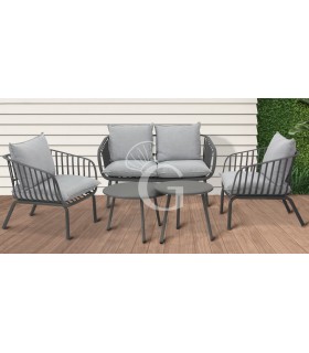 Set de bar para exterior: 2 mesas, 2 sillones y sofá de metal pintado con cojines