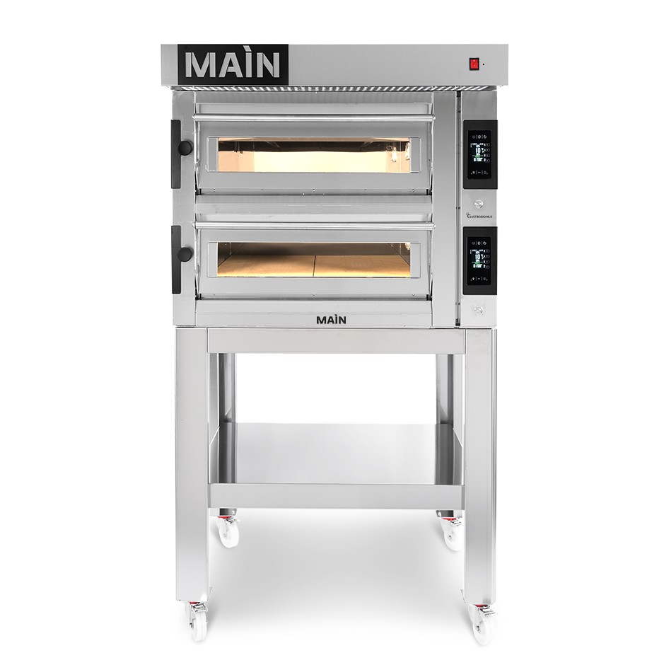 HORNO ELECTRICO CONTROL TOUCH PARA 4+4 PIZZAS DIAMETRO 350, 2 CAMARAS 14.4KW – CAMPANA INOX – SOPORTE (SIN RUEDAS)