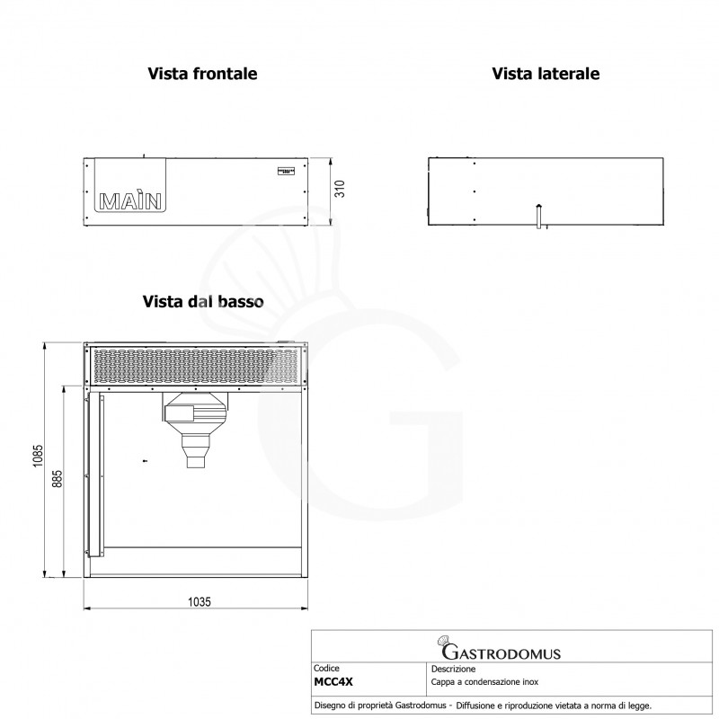 Campana de condensación en acero inoxidable, dimensiones L 1035 mm x P 1085 mm x H 310 mm