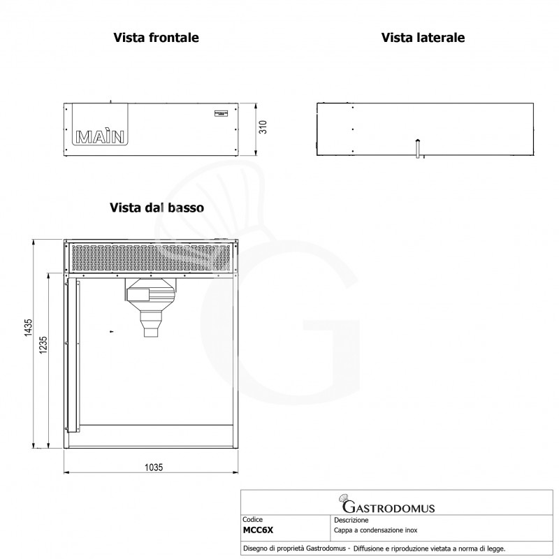 Campana de condensación en acero inoxidable, dimensiones L 1035 mm x P 1435 mm x H 310 mm