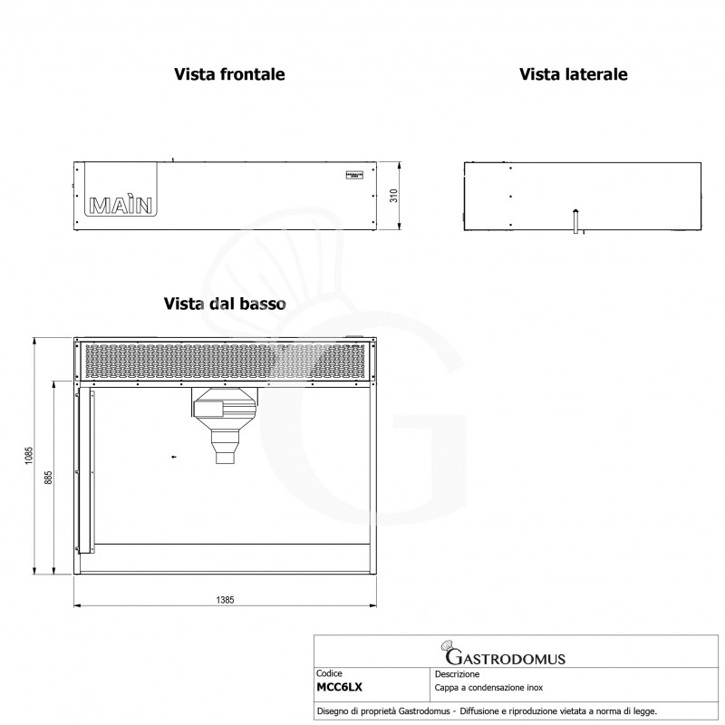 Campana de condensación en acero inoxidable, dimensiones L 1385 mm x P 1085 mm x H 310 mm