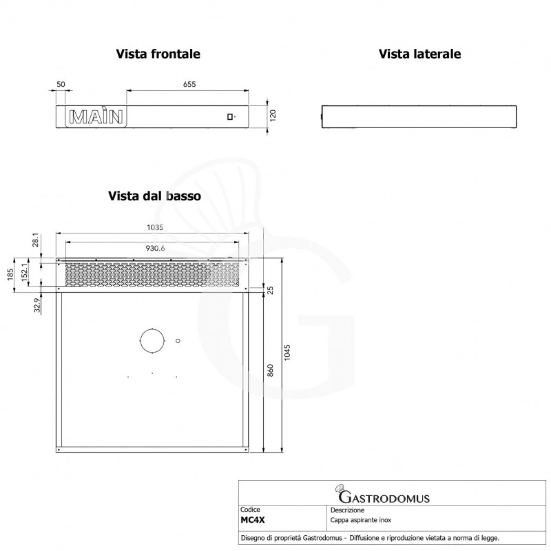 Campana extractora inox para horno de pizza - L 1035 mm x P 885 mm x H 120 mm