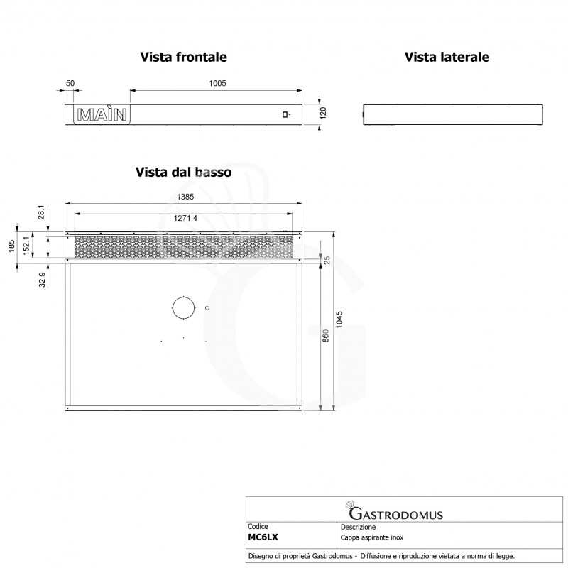 Campana extractora inox para horno de pizza - L 1385 mm x P 885 mm x H 120 mm
