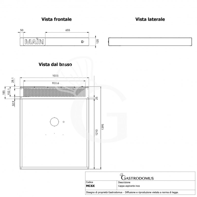 Campana extractora inox para horno de pizza - L 1035 mm x P 1235 mm x H 120 mm
