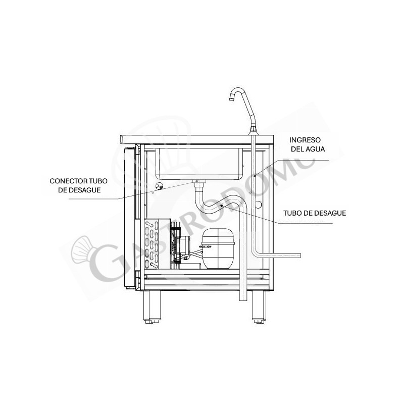 Mesa refrigerada con 2 cajones centrales, 2 puertas, fregadero y grifo, motor a la izquierda, P 700 mm, +2 °C / +8 °C