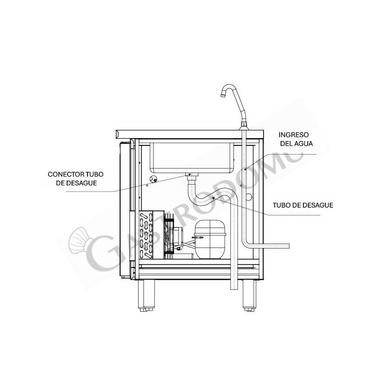 Mesa refrigerada con fregadero 2 cajones 3 puertas y peto, motor a la izquierda, Prof. 700 mm, temp. +2°C/+8°C, con grifo