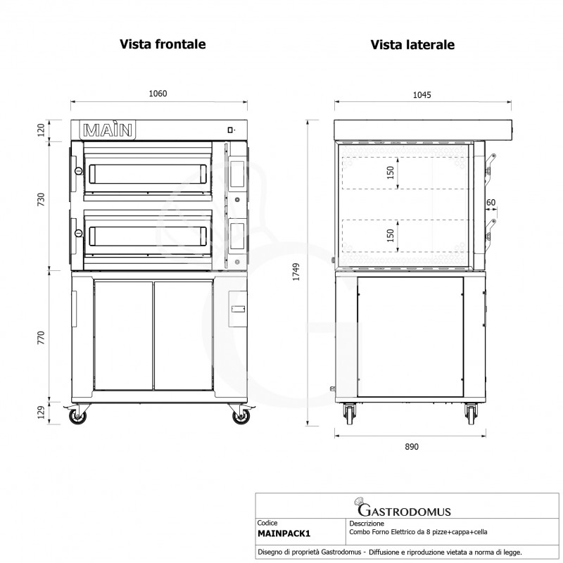 HORNO ELECTRICO CONTROL TOUCH PARA 4+4 PIZZAS DIAMETRO 350, 2 CAMARAS 14.4KW – CAMPANA INOX – CAMARA FERMENTADORA