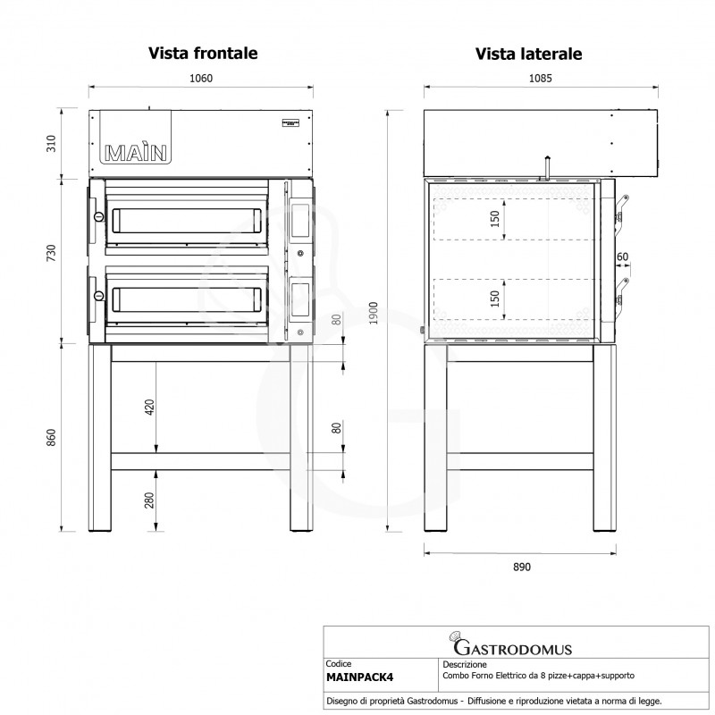 HORNO ELECTRICO CONTROL TOUCH PARA 4+4 PIZZAS DIAMETRO 350, 2 CAMARAS 14.4KW – CAMPANA CONDENSACION– SOPORTE (SIN RUEDAS)