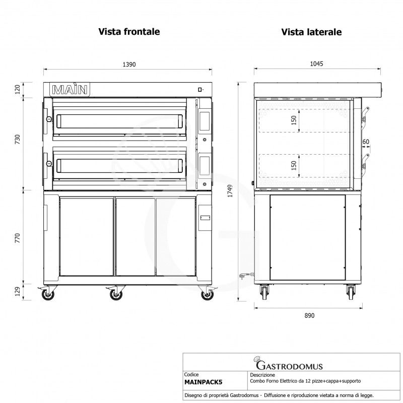 HORNO ELECTRICO CONTROL TOUCH PARA 6+6 PIZZAS DIAMETRO 350, 2 CAMARAS 20.4KW – CAMPANA INOX – CAMARA FERMENTADORA