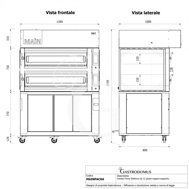 HORNO ELECTRICO CONTROL TOUCH PARA 6+6 PIZZAS DIAMETRO 350, 2 CAMARAS 24.4KW – CAMPANA CONDENSACION INOX – CAMARA FERMENTACION
