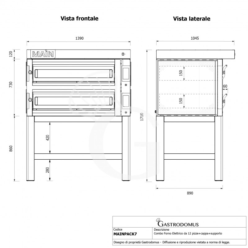 HORNO ELECTRICO CONTROL TOUCH PARA 6+6 PIZZAS DIAMETRO 350, 2 CAMARAS 24.4KW – CAMPANA INOX – SOPORTE (SIN RUEDAS)