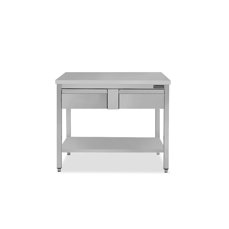 Mesa de trabajo de acero inoxidable con estante, 2 cajones L 1100 mm x P 600 mm x A 850 mm