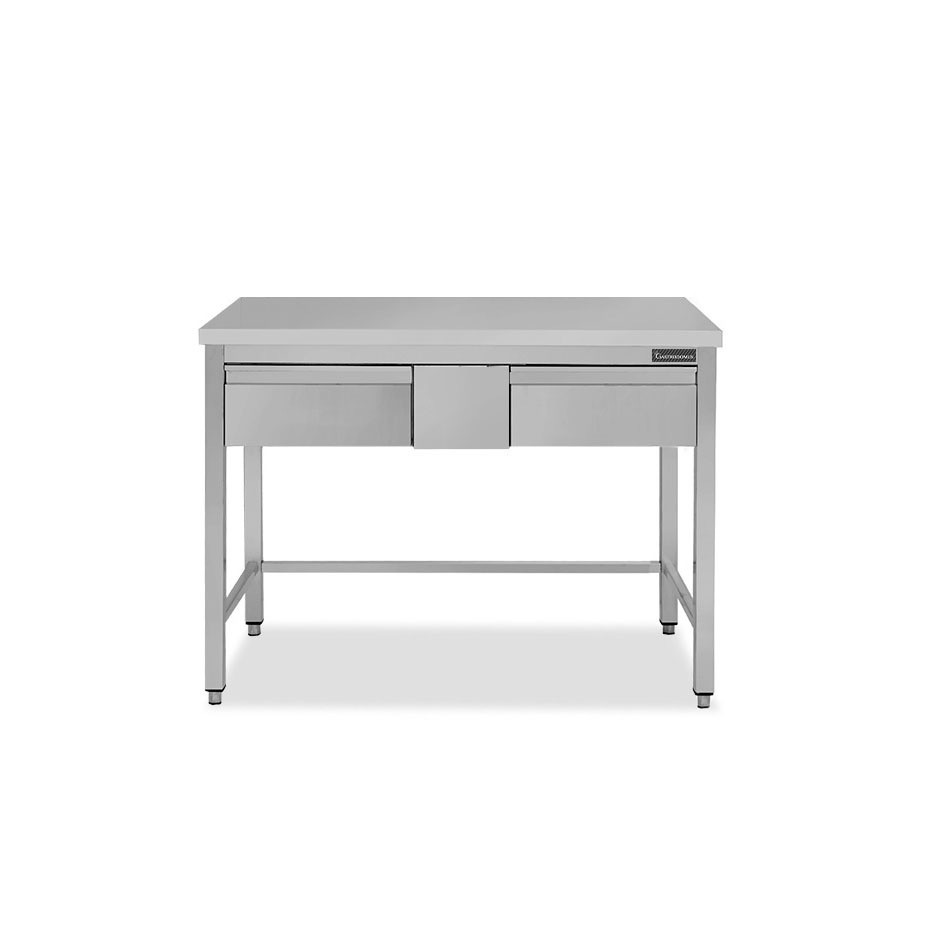 Mesa de trabajo de acero inoxidable con 2 cajones con dimensiones L 1300 mm x P 700 mm x A 850 mm