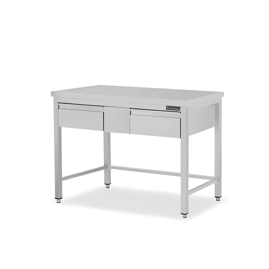 Mesa de trabajo de acero inoxidable con 2 cajones con dimensiones L 1300 mm x P 800 mm x A 850 mm