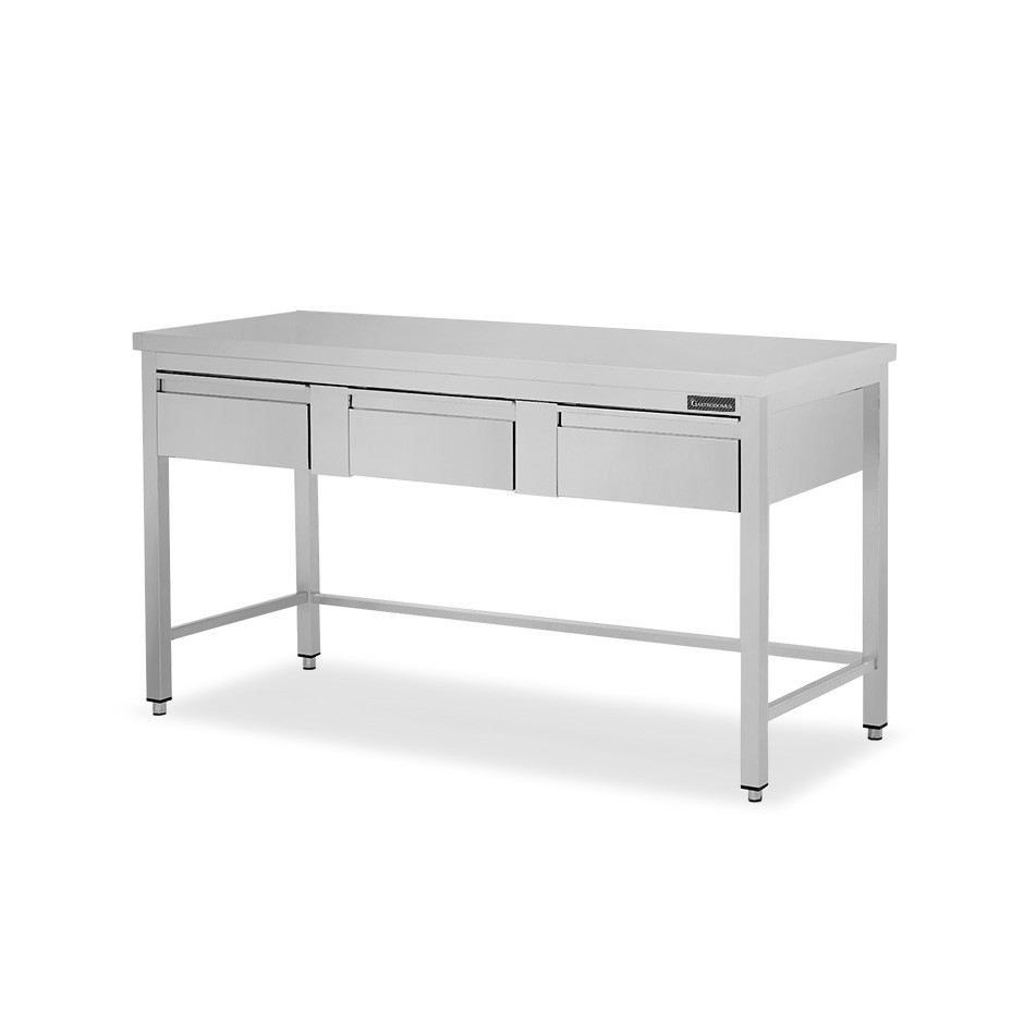 Mesa simple de acero inoxidable con 3 cajones y dimensiones: 1700 mm de largo x 800 mm de profundidad x 850 mm de alto.