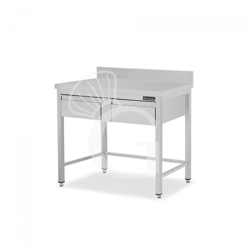 Mesa de trabajo de acero inoxidable con 2 cajones y peto trasero L 1100 mm x P 600 mm x A 950 mm